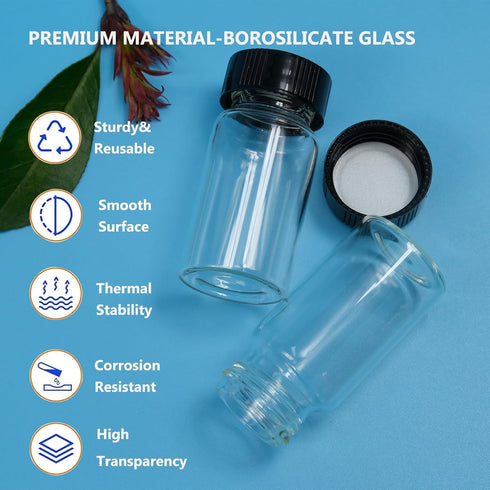 20 PCS 20ML Clear Small Liquid Sample Glass Vials with Screw Caps, Leak-Proof Vial, 24-414 Black Screw Cap