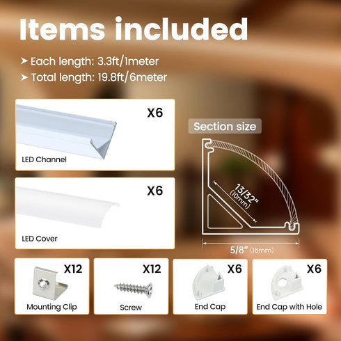 6Pack 3.3FT/1M V1SW 1M Muzata V Shape LED Channel Silver Aluminum LED Strip Diffuser Channel with Milky White Cover