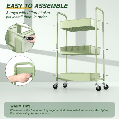 LEHOM 3 Tier Rolling Storage Cart - Metal Trolley Utility Cart with Wheels & Hooks for Bathroom Kitchen Office Bedroom