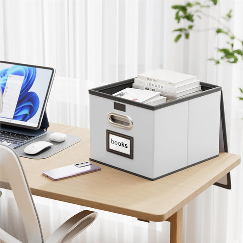 Huolewa Portable Leather File Organizer Boxes with Lids, Collapsible File Folder Organizer Boxes, Decorative Small