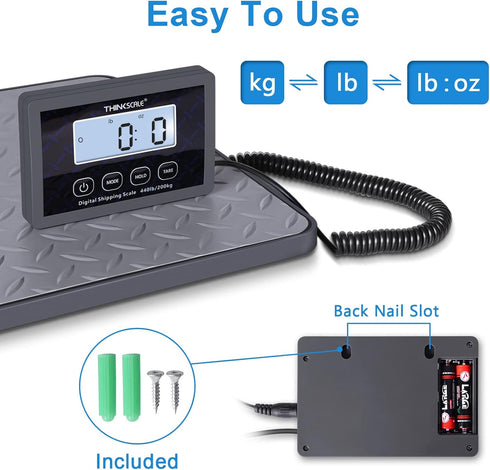 THINKSCALE Shipping Scale, 440 lbs/1 oz Digital Postal Scale with Hold/Tare/LCD Display, Battery & AC Adapter Included