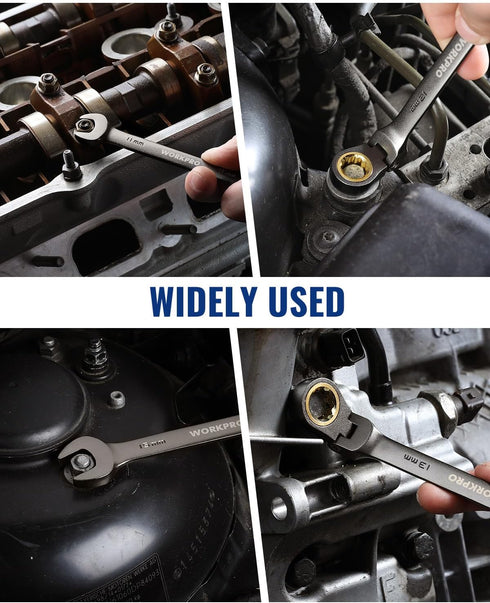 8-piece Set, 9-17 mm, 72-Teeth, WORKPRO Flex-Head Ratcheting Combination Wrench Metric Cr-V Constructed, Nickel Plating