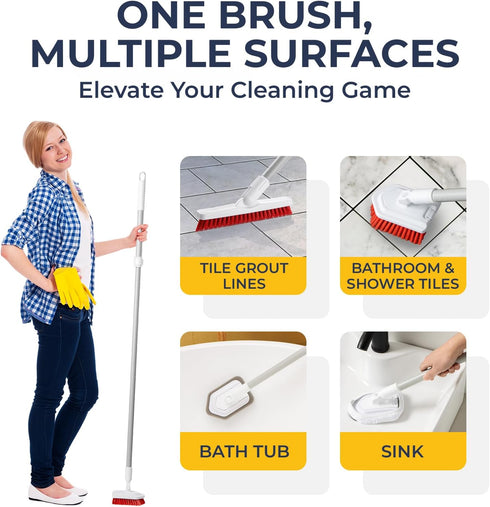 Shower Scrubber with Long Handle, Stiff Bristles Grout-Brush, Tub Scrub-Brush with Long-Handle, Shower-Cleaner Brush
