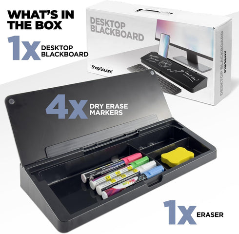 Desktop Dry Erase Board - Glass Dry Erase Board with Black Desk Buddy, Includes Markers and Eraser.