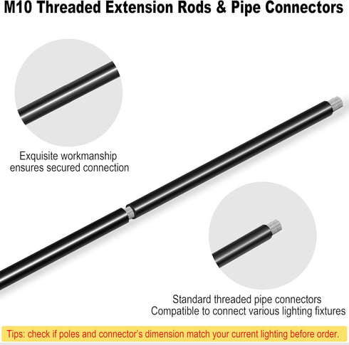 10 12-inch M10 180 Pieces Threaded Extension Poles Lighting Fixture Downrods Stems & Degrees Sloped Ceiling Adapter