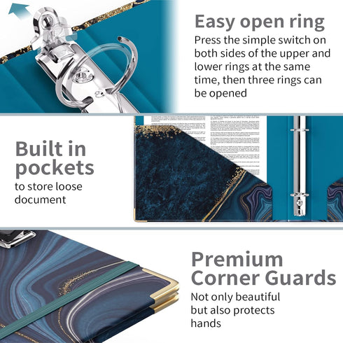 Ospelelf 1 Inch 3 Ring Binder, Cute Blue Marble Binder for Letter Size (11" x 8.5") with 5 Tab Dividers and Low Profile