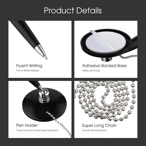 Zonon Secure Pen with Chain, Adhesive Base Black Ink Reception Pen for Home Office, 24 Pieces