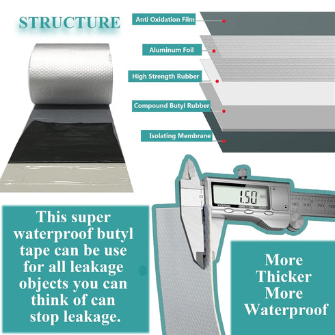 Super Waterproof Butyl Tape and Patch, Adhesive Duct Tape with Aluminium for Pool & RV Roof Repair