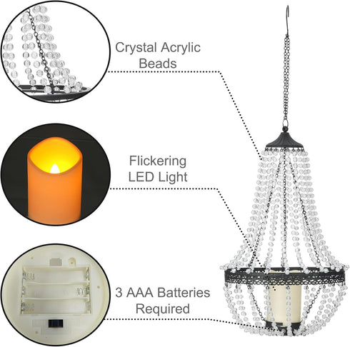 SUNNYPARK 27 Hanging Candle Lantern Outdoor, Battery Operated Modern Clear Acrylic Crystal Chandeliers with Flickering