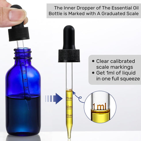 4 Pack 2 oz Glass Dropper Bottles with Measured Dropper - 60ml Dark Blue Tincture Bottles with Graduated Calibrated Glass Eye Droppers (1ml) for Essential Oils, Liquids - Leakproof Travel Bottles by AOZITA
