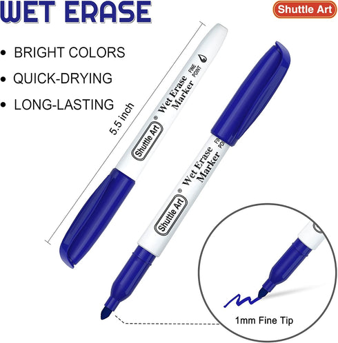Shuttle Art Wet Erase Markers, 15 Pack Blue 1mm Fine Tip Smudge-Free Markers, Use on Laminated Calendars, Overhead Projectors, Schedules, Whiteboards, Transparencies, Glass, Wipe with Water by Shuttle Art