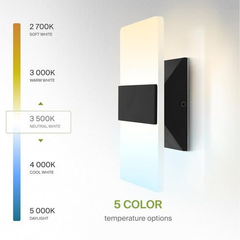 8 Inch 10W 2700K-5000K Dimmable ASD Indoor LED Wall Sconce - Black Wall Sconce Lights for Living Room, Bedroom