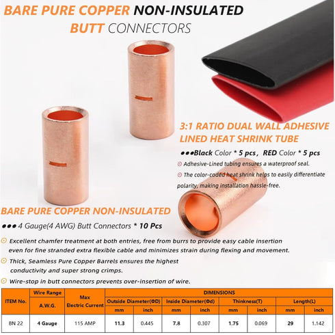 4 Gauge Non-Insulated Butt Connectors, 10 PCS Crimp Wire Connectors with 6 PCS 3:1 Heat Shrink Tube