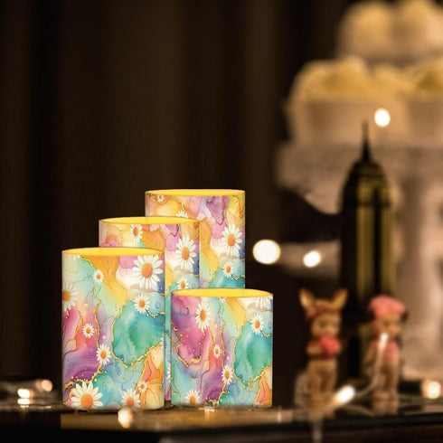 Cozeyat Set 4 Pink Marble Dasiy Battery Operated LED Candles of Flameless Pillar Candles with Remote Color Changing