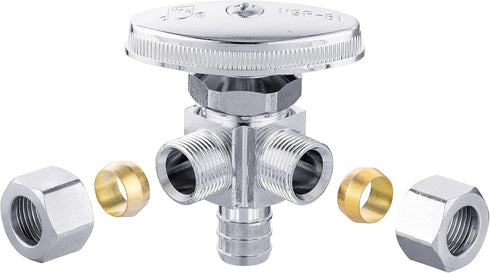 (Pack of 2) EFIELD Dual Outlet Angle Stop Valve, 1/2" Pex-b Crimp Connection Inlet x (3/8 inch x 3/8 inch) Outlet