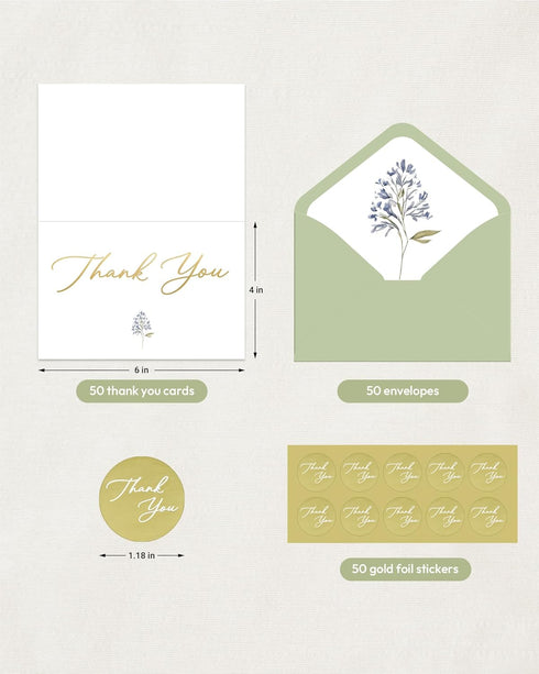 50 Pack 4x6 Inches, MAOBUYOU Floral Thank You Cards with Envelopes, Bulk Greeting Cards Green Envelopes