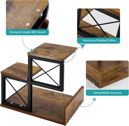 Jolitac Wood Desktop Shelf, Adjustable 3 Tier Storage Display Rack for Office Decor with Metal Frame, Brown