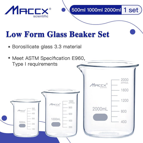 Sturdy Glass Beakers, 3 Sizes of 500ml, 1000ml, 2000ml, 3.3 Borosilicate Griffin Low Form with Printed Graduation