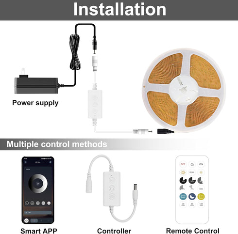 4000K, 24ft Dimmable CRI92+, DC24V COB LED Strip Light Natural White LED Strip Light, Tape Light with RF Remote, Timer