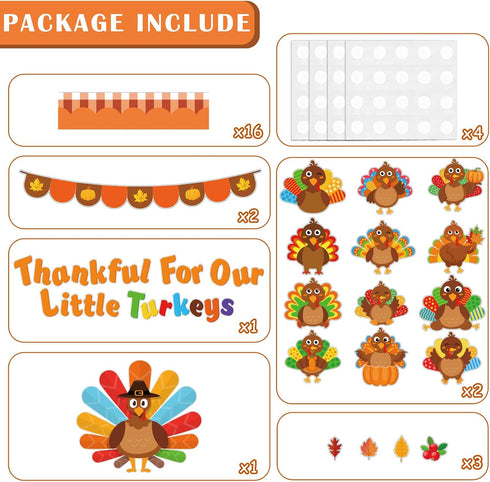 Thanksgiving Turkey Bulletin Board Set, Fall Classroom Decoration with Autumn Maple Leaves Cutouts