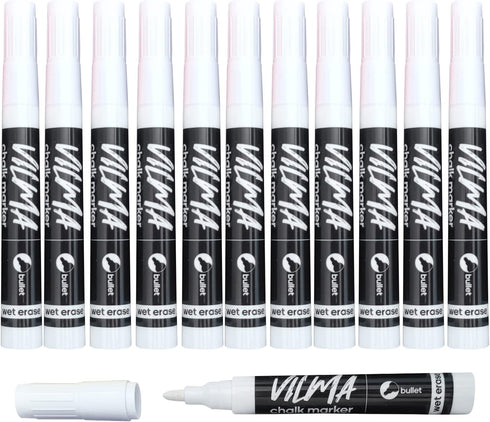 VILMA 12 Pack White Liquid Chalk Markers, Wet Erase Markers for Chalkboard Signs, Windows, and Blackboards