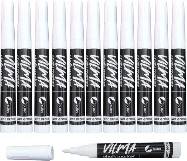 VILMA 12 Pack White Liquid Chalk Markers, Wet Erase Markers for Chalkboard Signs, Windows, and Blackboards