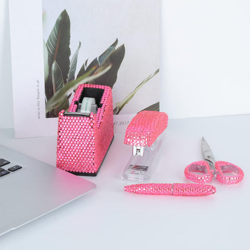 Office Stationery Set - 4 Piece Desk Accessory Kit with Stapler, Tape Dispenser, Pens, Scissors (Pink)