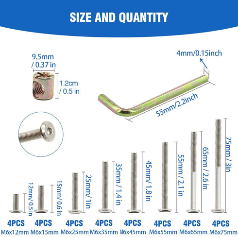Socell 61pcs Crib Bunk Bed Furniture Hardware Replacement Kit, Stainless Steel Assortment with Wrenches (M6x12mm-75mm)