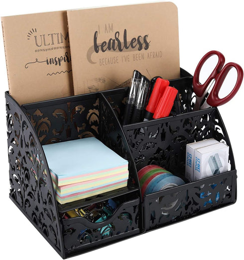 EasyPAG Office Desk Organizer Caddy, 6 Compartments & 1 Sliding Drawer, Black Desktop Accessories Supplies