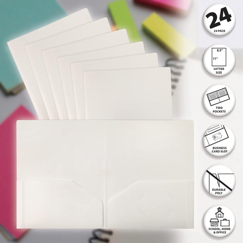 Better Office Products 24 Pack Heavyweight White Plastic 2 Pocket Portfolio Folder, Letter Size Poly Folders, White