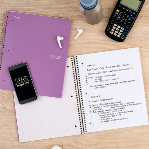 Five Star Spiral Notebooks + Study App, 4 Pack, 1 Subject, College Ruled Paper, 8-1/2" x 11", 100 Sheets, Purple, Pink,
