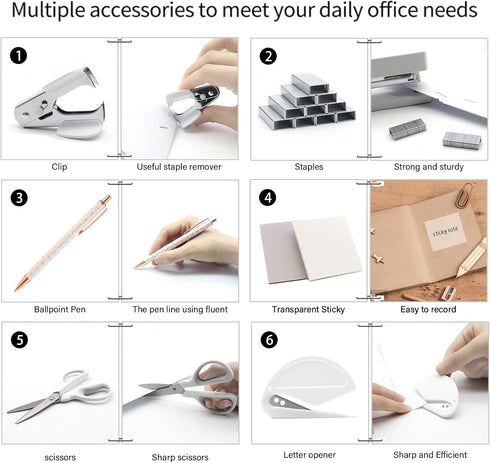 Shellvcase White Office Supplies Set - Stapler, Tape Dispenser, Staple Remover, Staples, Clips, Scissors, and Pens for