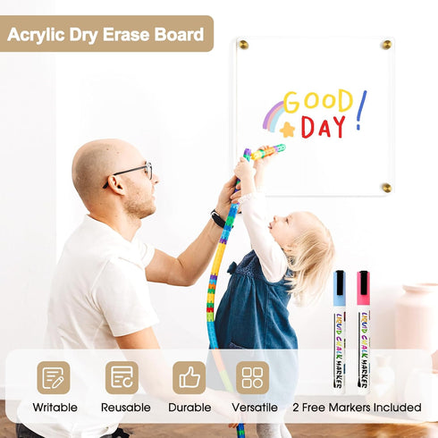 Clear Acrylic Dry Erase Board, 12" X 12" Golden Non-Magnetic Frameless White Board for Wall, Home, Office, 2 Markers