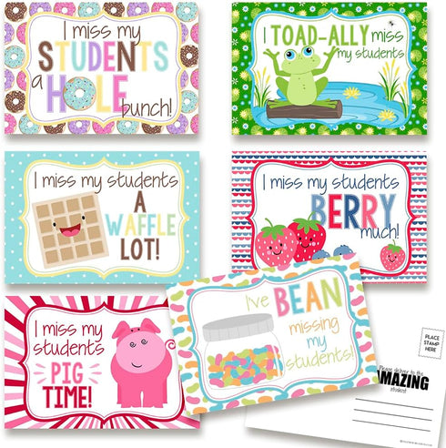 I Miss My Students Blank Postcards for Teachers, 30 Total 4"x6" Fill In Notecards (5 of Each Design)
