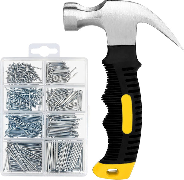 KURUI 700PCs Assortment Kit Small Nails for Hanging Pictures & 8oz Mini Hammer, 280 Wall & Finishing Nails