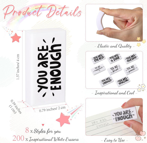 PerKoop 200 Pcs Inspirational Pencil Erasers, White Small Block Erasers, Motivational Bulk Erasers for Kids, Teachers