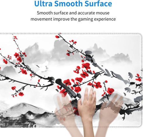 Watercolor Cherry Blossom Mouse Pad 31.5x11.8 Inch, Pink Full Desk, Non-Slip Rubber Base, Waterproof Big Keyboard Mat