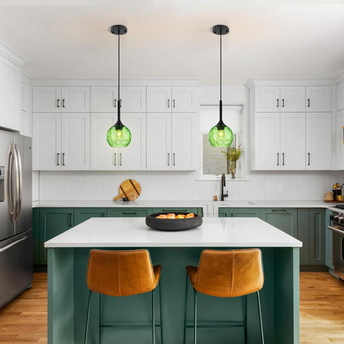 JHLBYL 5.91'' 1-Light Hammered E26 Glass Pendant Lights Kitchen Island: Green Glass Pendant Light with Black Finish