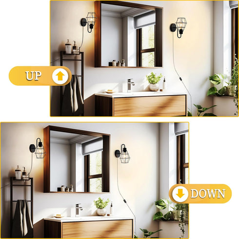 E26 Bulb Plug in Wall Sconce with On/Off Switch Wall Mount Light Fixture with Cord, Black Metal Wire Cage Lampshade