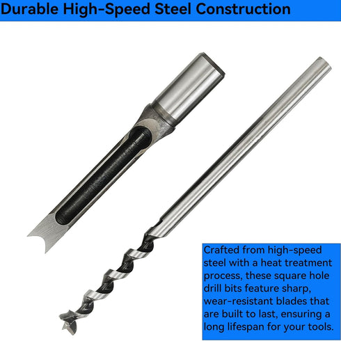 6pcs Square Hole Mortise Chisel Drill Bit Tools, 5/8" 9/16" 1/2" 3/8" 5/16" 1/4" for Precise Woodworking Applications