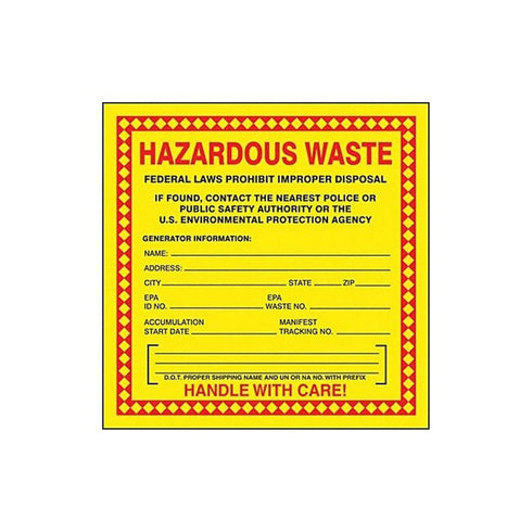 Accuform Hazardous Waste Adhesive Coated Paper Label, Pack of 25, 6" x 6", Red/Black/Yellow, Handle with Care