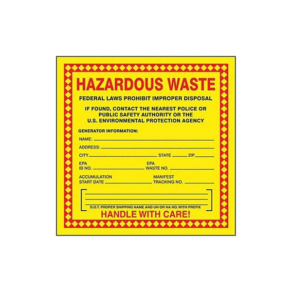 Accuform Hazardous Waste Adhesive Coated Paper Label, Pack of 25, 6" x 6", Red/Black/Yellow, Handle with Care