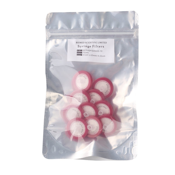 Syringe Filters PVDF (Polyvinylidene Fluoride) 25 mm Diameter 0.22 um Pore Size Non Sterile Pack of 10 pcs