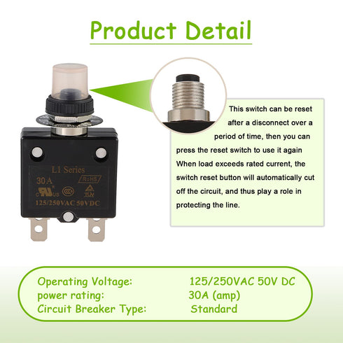 30A Manual Reset Push Button Circuit Breaker 125/250V AC 50V DC with Quick Connect Terminals and Waterproof Caps
