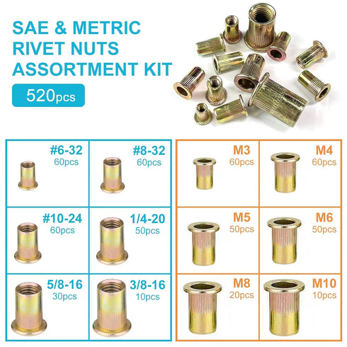 Trivd Frol 520pcs 6-32 8-32 10-24 1/4"-20 5/16"-18 3/8"-16 M3 M4 M5 M6 M8 M10 Rivet Nut Tool Kit, SAE & Metric Rivet