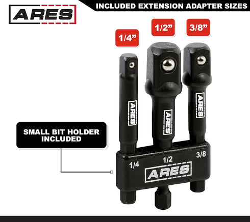 ARES 22022 3-Inch Impact Grade Socket Adapter Set, 1/4-Inch, 3/8-Inch, 1/2-Inch Drive for Impact Drill