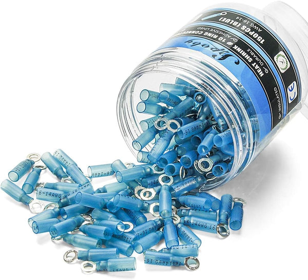 150PCS Heat Shrink Crimp Ring Connectors #10 Blue 16-14 AWG, Sopoby Electrical Ring Terminals Kit