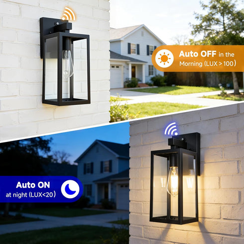 E26 SHINE HAI Dusk to Dawn Sensor Outdoor Wall Sconce, Exterior Porch Lantern Fixture with Socket & Glass Shade