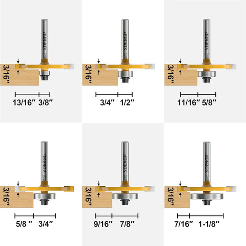 Set 1/4 1pcs 6 1/8", 1/4", 5/16", 3/8", 7/16", 1/2" Rabbet Router Bit Shank, Rabbeting Router Bits with Bearings
