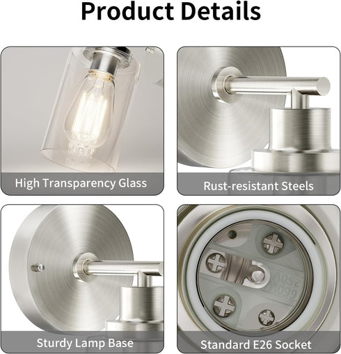 E26 BUTHY Brushed Nickel Wall Light: LED Wall Sconces Indoor, Modern Sconces Wall Lighting with Base and Clear Glass
